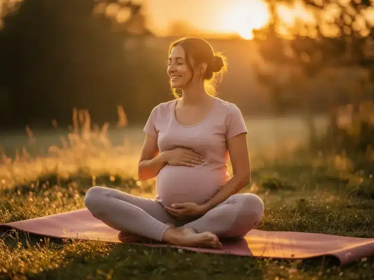 Pregnant woman practicing gentle prenatal yoga outdoors at sunrise, embodying peace and connection.