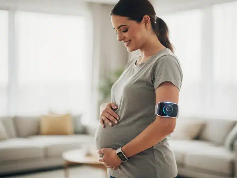 Pregnant woman using advanced wearable tech for health monitoring in 2026