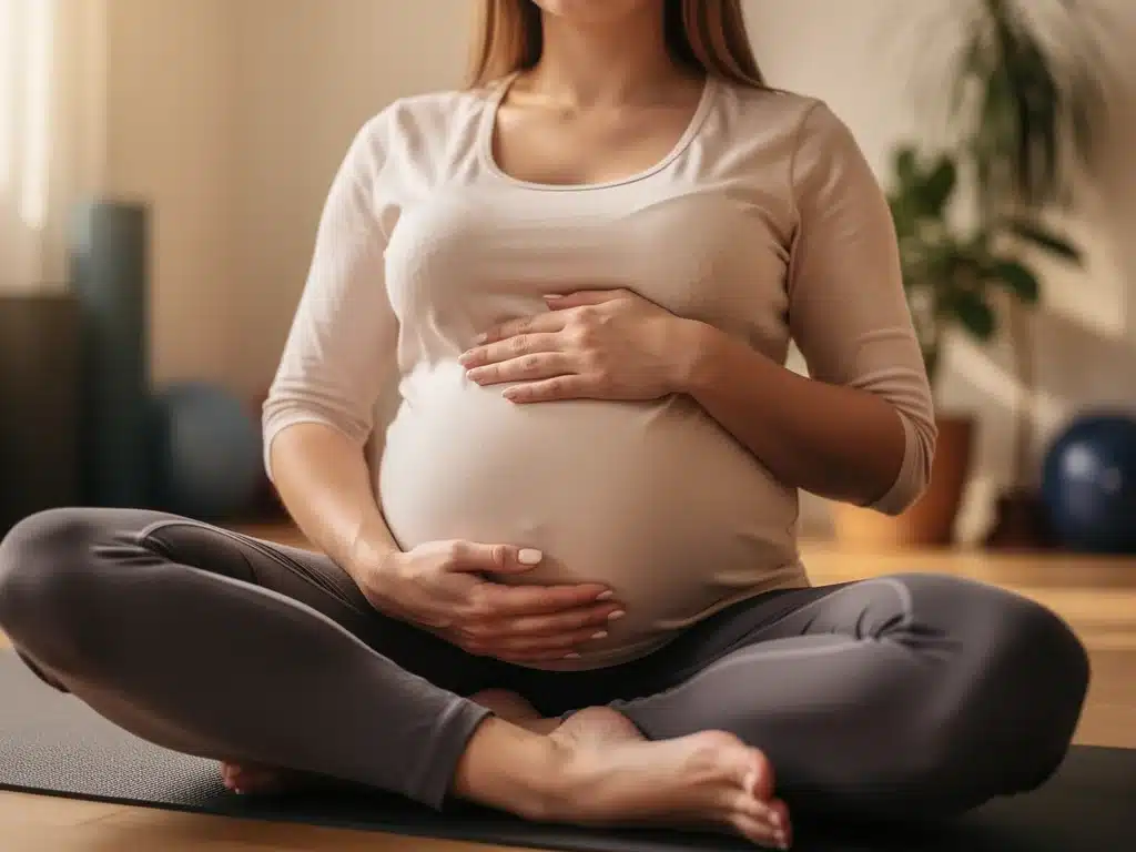 Pregnant woman's hands cradling baby bump during prenatal yoga, symbolizing connection.