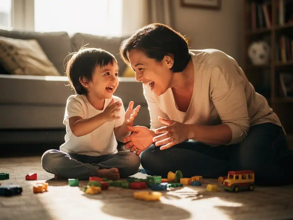 Parent and child laughing, fully present during playtime
