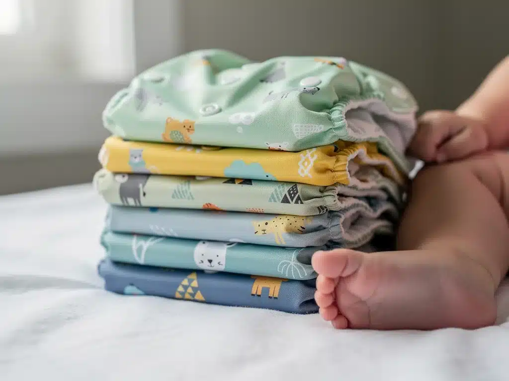 Colorful reusable cloth diapers stacked next to a baby's leg