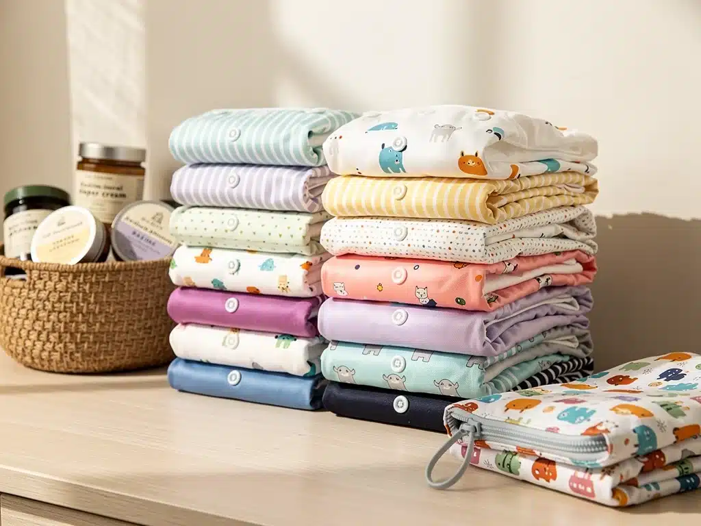 Collection of colorful reusable cloth diapers for babies