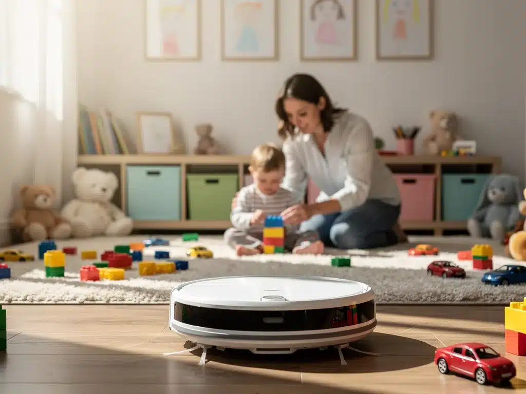 Robotic vacuum cleaning a playroom while a parent supervises a child, showcasing automated chore assistance.