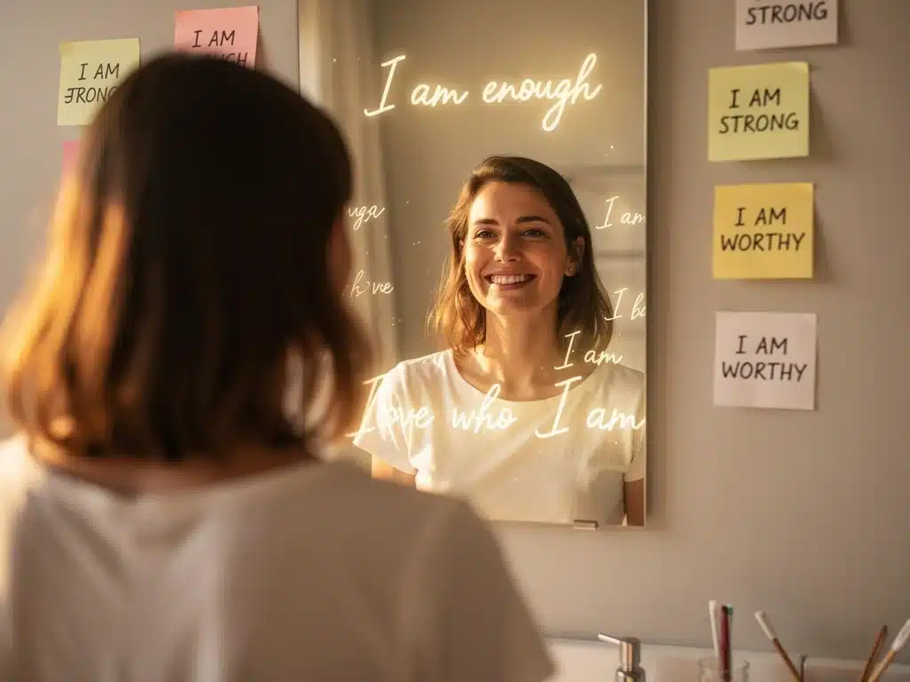 Person smiling at reflection, embodying self-acceptance and positive self-image.