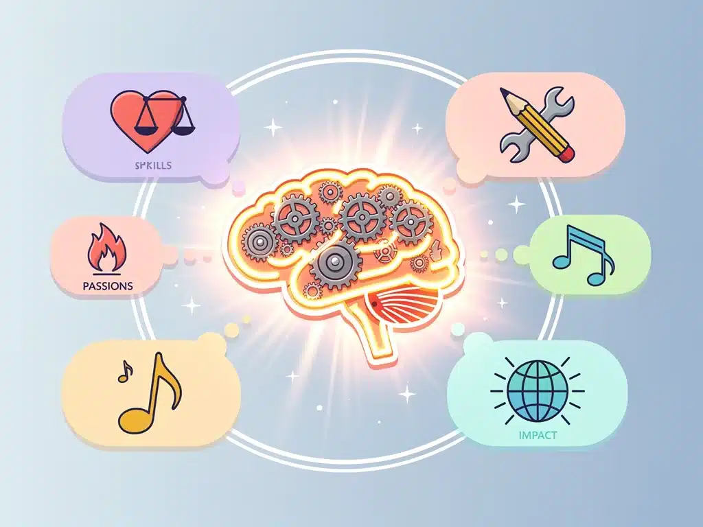 Brain with gears and thought bubbles representing self-reflection and discovery