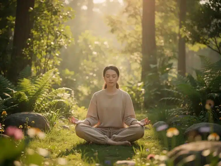 Serene person meditating outdoors, finding peace in nature's embrace.