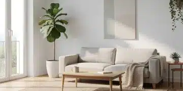 Serene minimalist living room with natural light and green plants