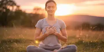 Serene individual practicing self-compassion meditation outdoors at sunrise