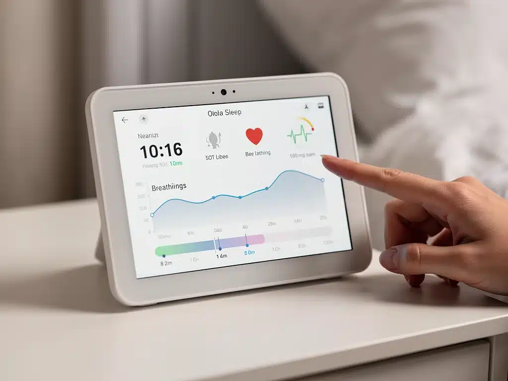 Smart baby monitor showing real-time vital signs and sleep data