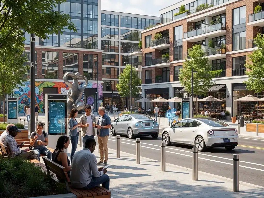 People enjoying a smart, pedestrian-friendly city square