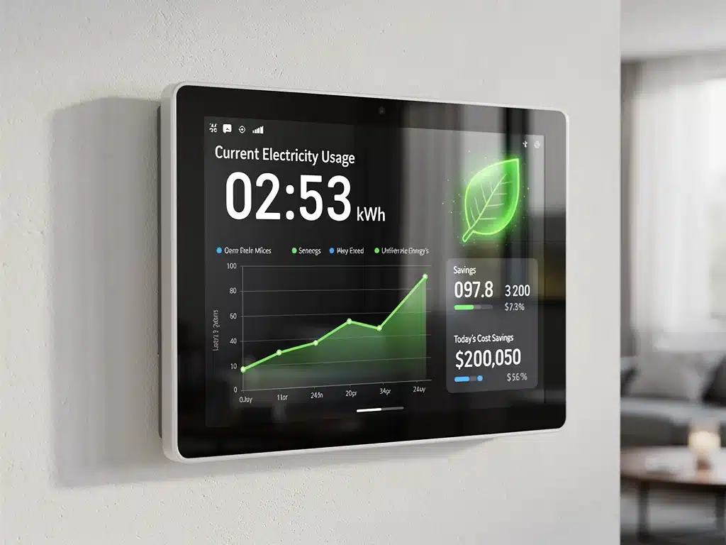 Smart home energy monitor displaying utility savings and green data