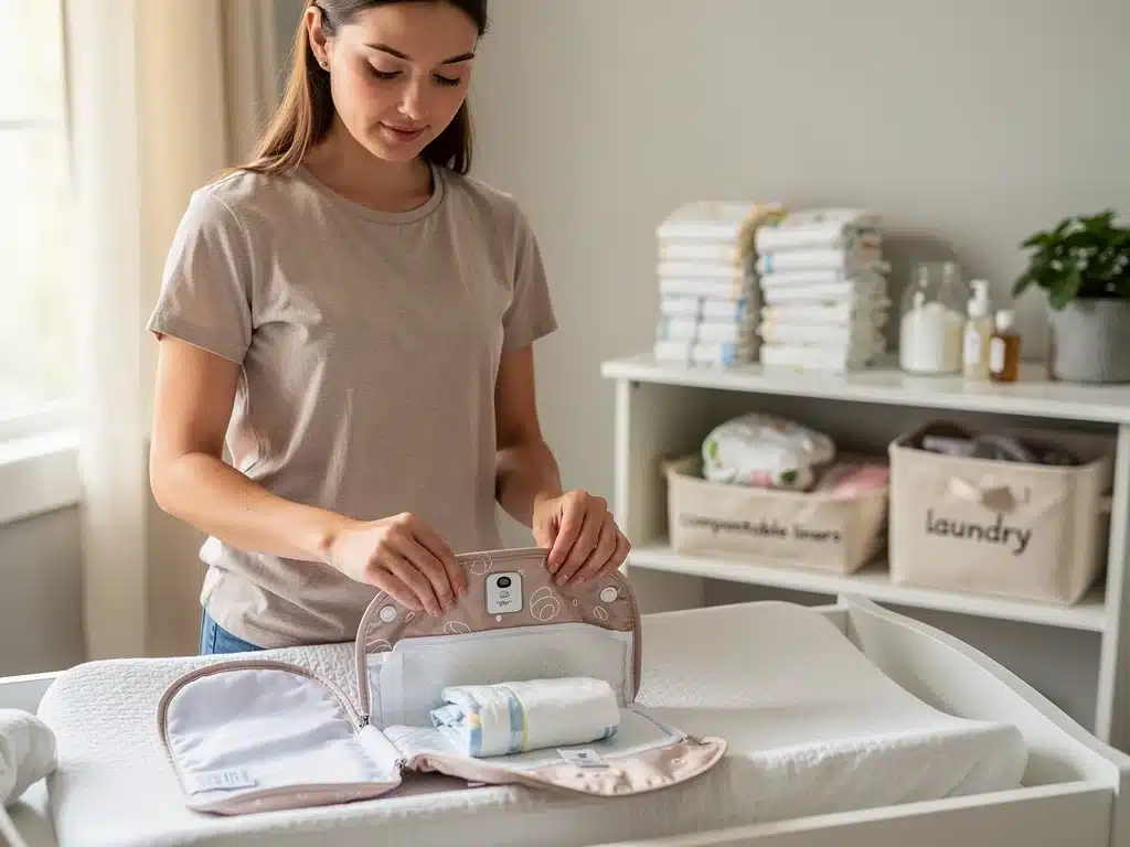 Parent using a smart reusable diaper system with biodegradable inserts