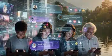 People interacting with complex social media interfaces on their phones, reflecting digital well-being challenges.