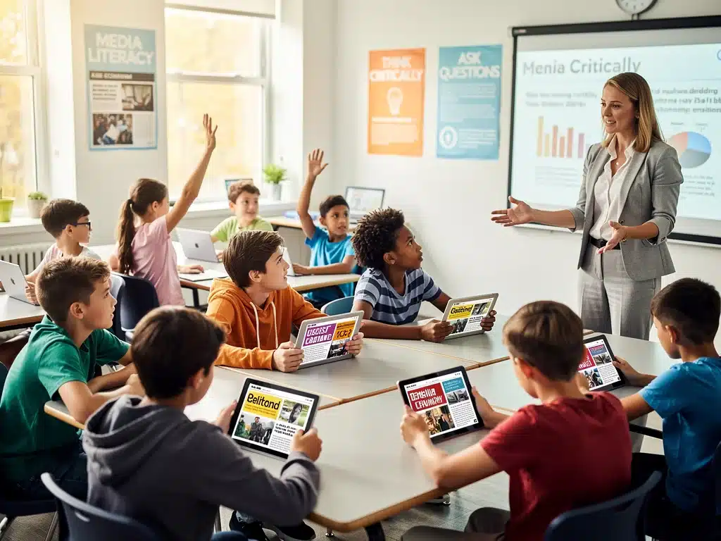 Students engaging in media literacy education in a classroom