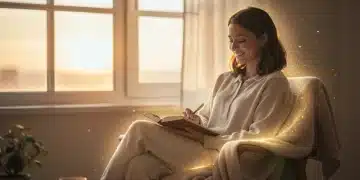 Person journaling with positive affirmations at sunrise