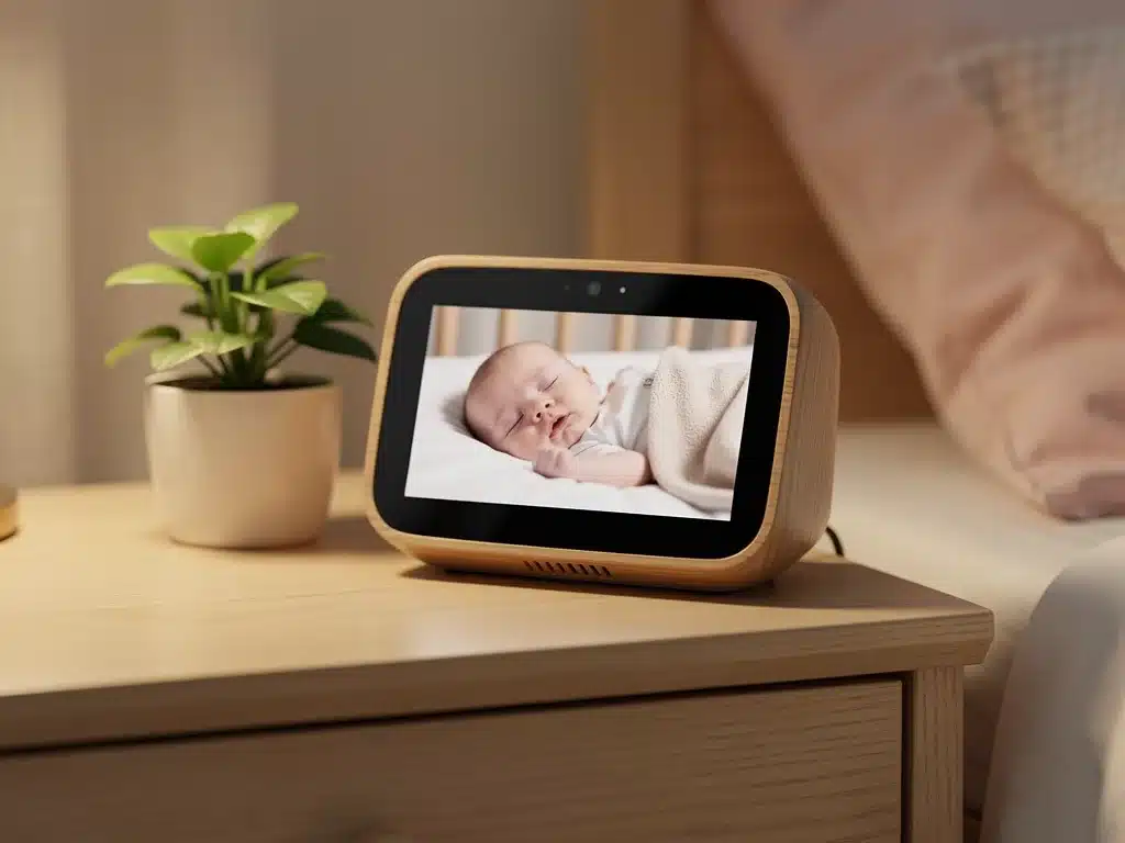 Sustainable baby monitor with wooden casing showing a sleeping baby