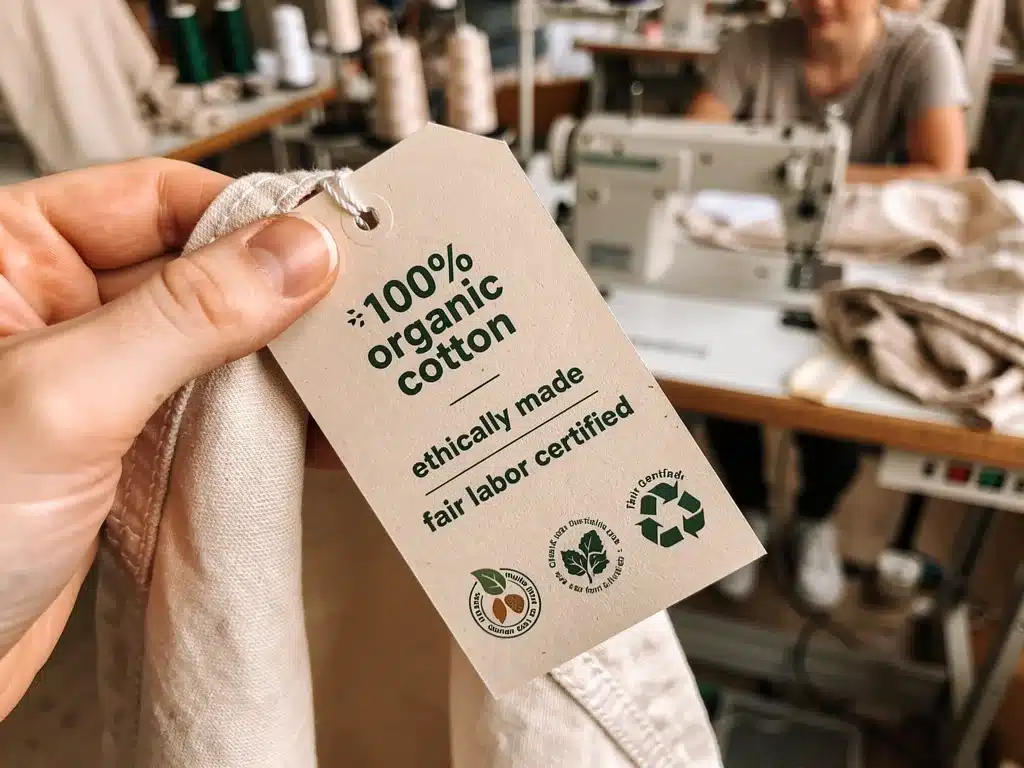 Detailed clothing tag showing sustainability and ethical production information