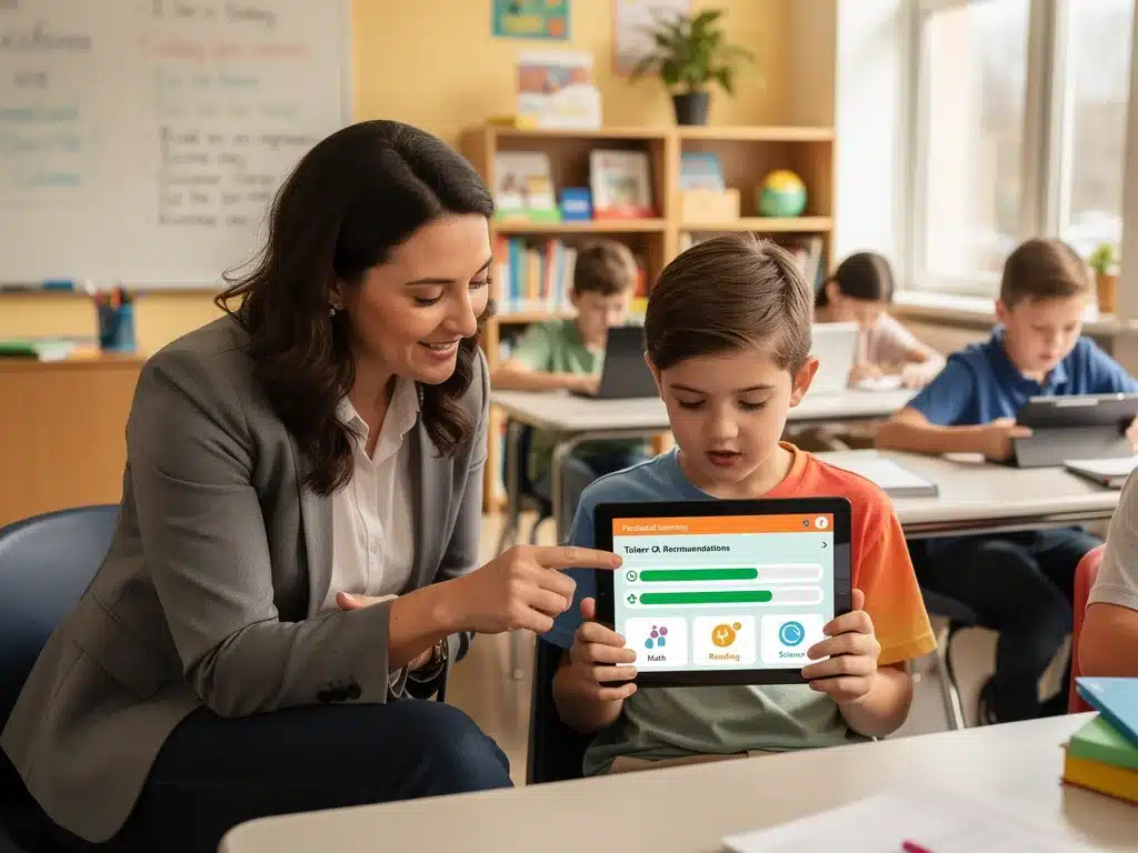 Teacher assisting student with digital learning on tablet.