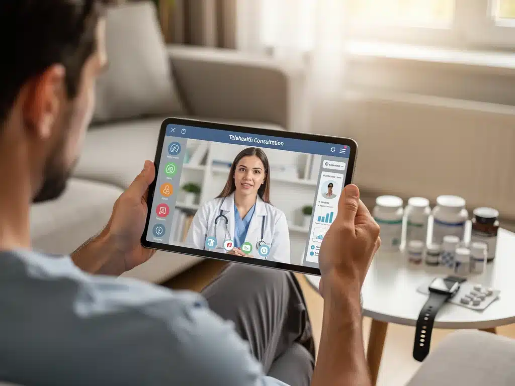 Patient receiving virtual medical consultation via telehealth platform