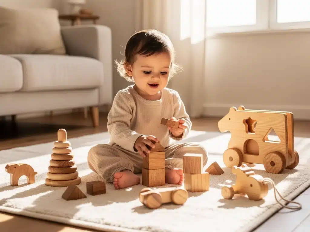 Toddler playing with natural wooden eco-friendly toys