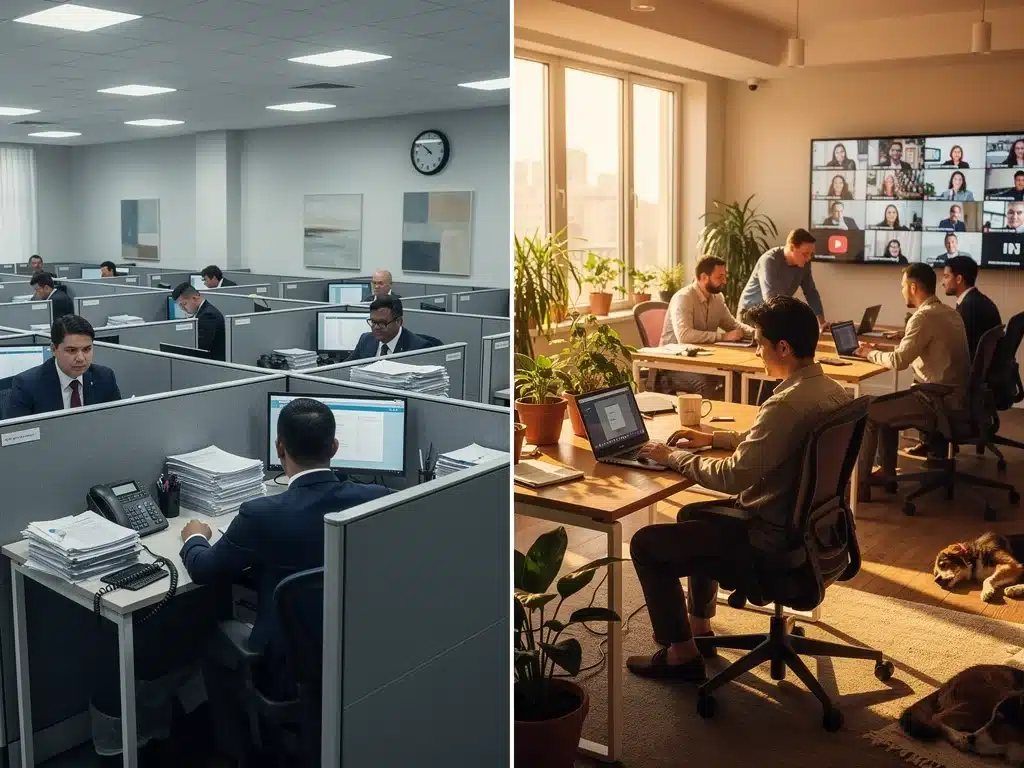 Comparison of traditional and modern hybrid work environments, illustrating generational shift.