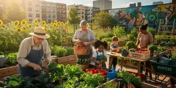 Community garden thriving with diverse participants, symbolizing food security and collaboration.