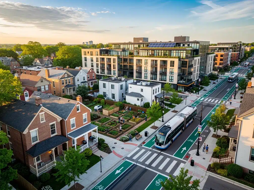 Aerial view of urban redevelopment with sustainable features