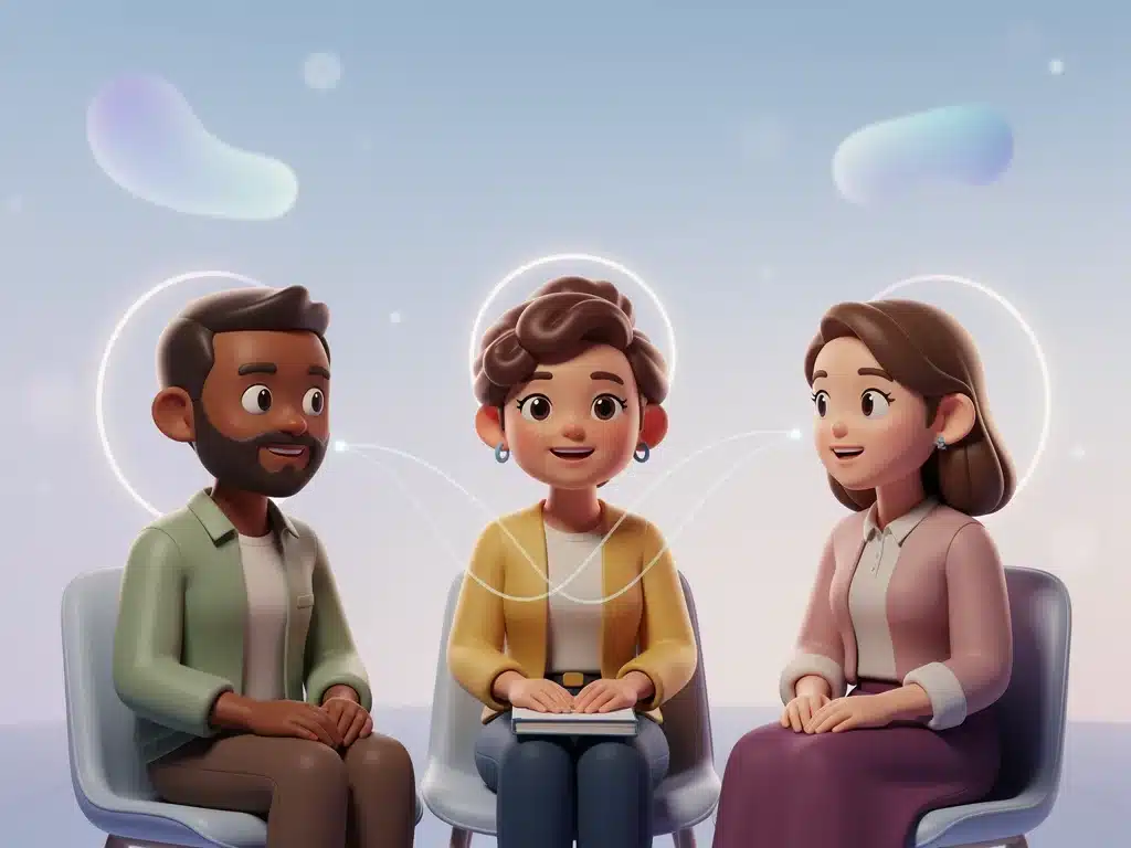 Diverse virtual reality avatars of parents participating in an online support group.