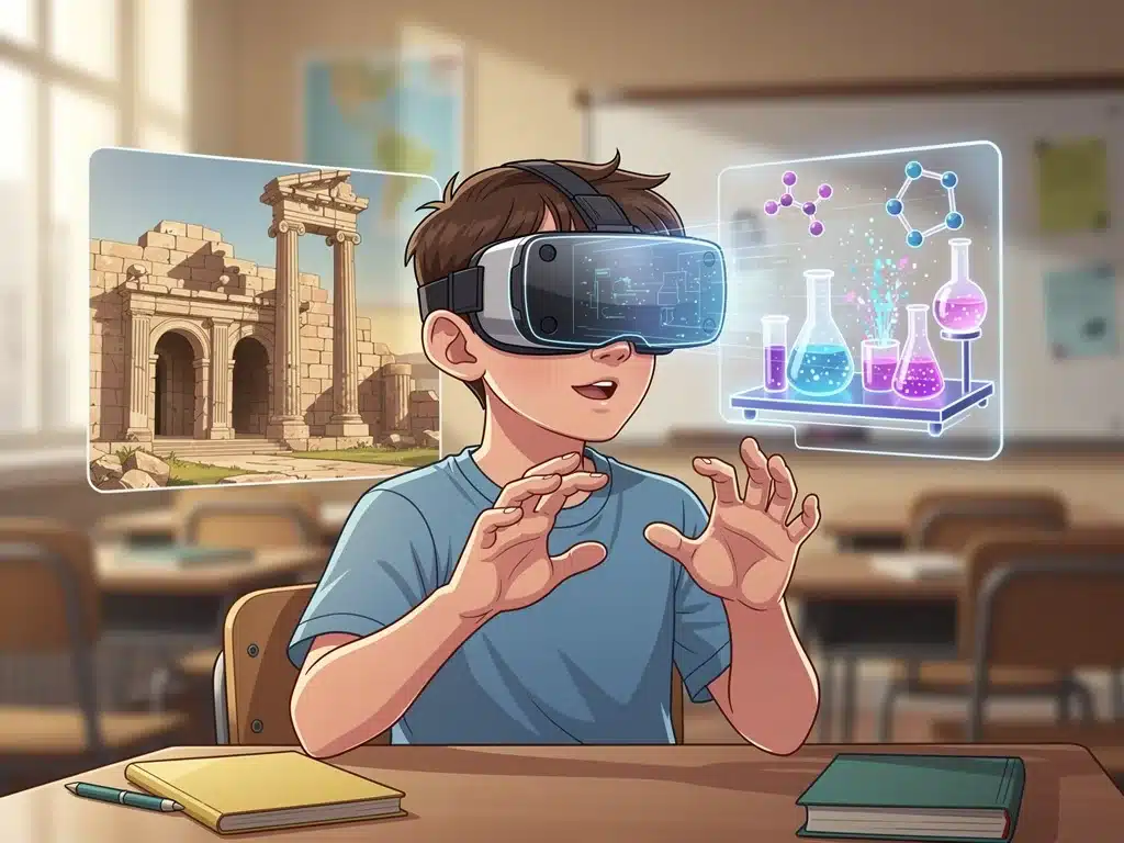 Student in VR headset experiencing immersive virtual learning