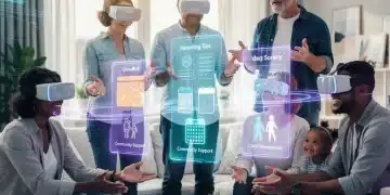 Parents engaging in a virtual reality support group, connecting through modern VR technology.