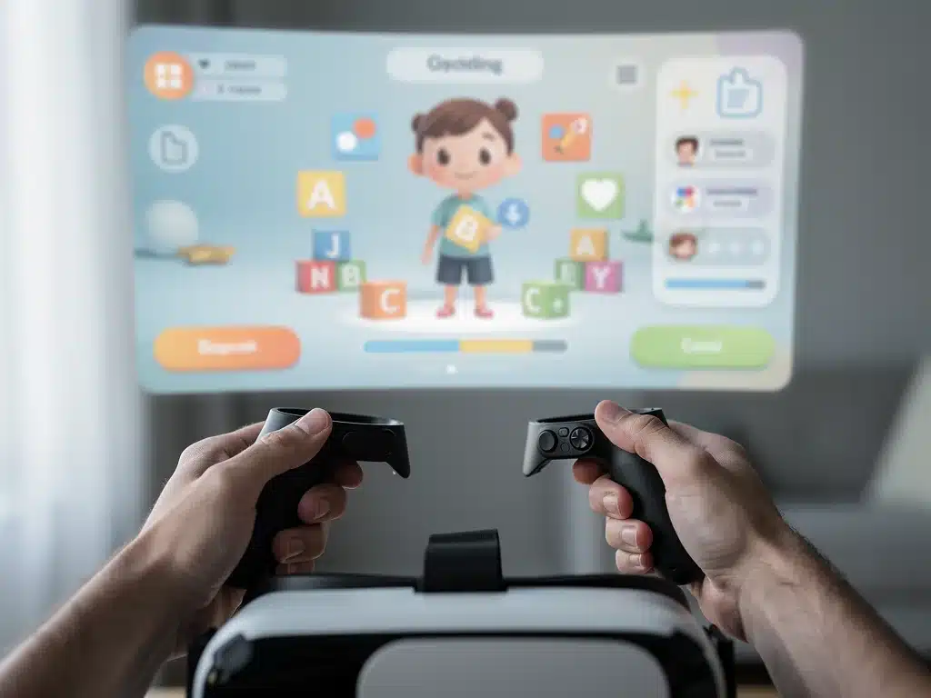 Virtual reality interface showing a parent interacting with educational content for children.