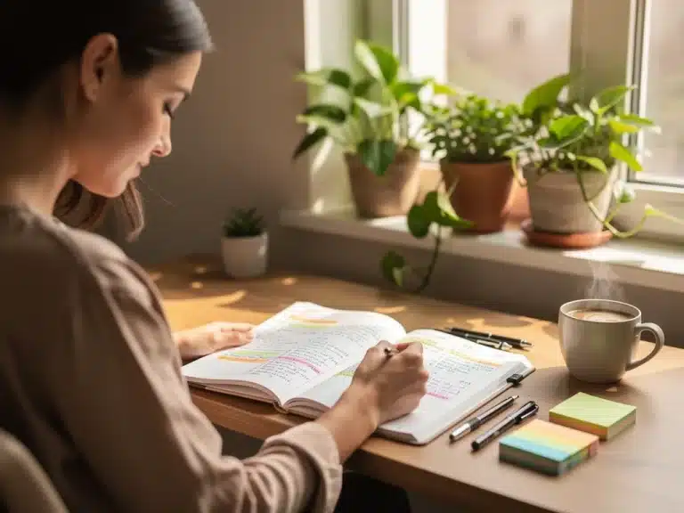 Woman planning her day for effective time management and personal well-being