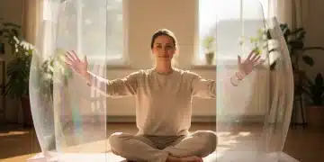 Woman calmly setting healthy boundaries to protect her personal space and energy.