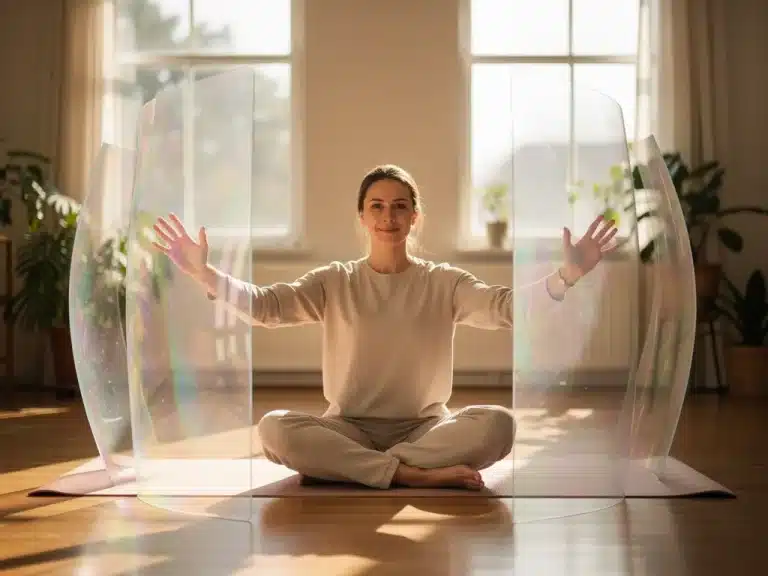 Woman calmly setting healthy boundaries to protect her personal space and energy.