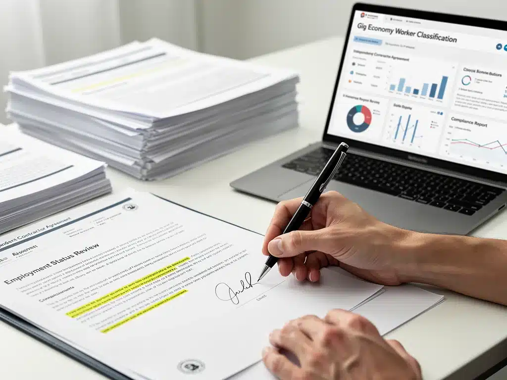 Hands signing legal documents for worker classification