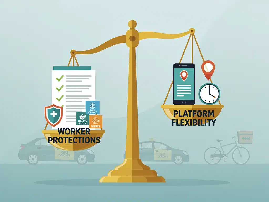 Balance scale showing worker protections outweighing platform flexibility