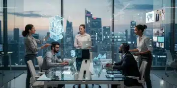 Professionals adapting to automation in a modern office environment