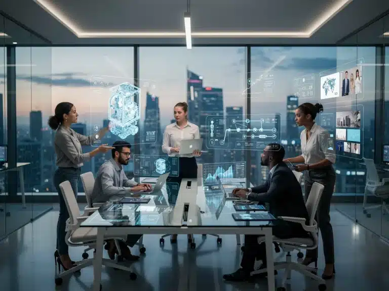 Professionals adapting to automation in a modern office environment