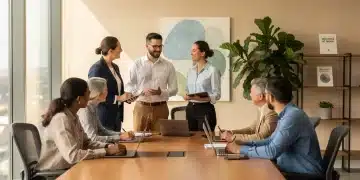 Professionals collaborating in a modern office, highlighting positive workplace mental wellness